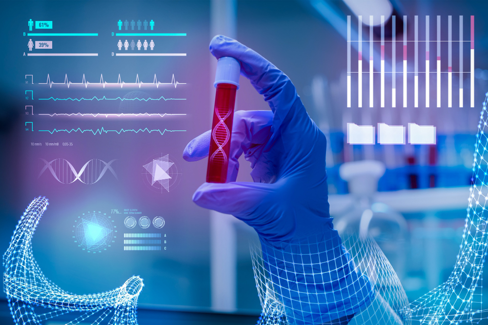 Gloved hand holding a blood sample tube with overlaid DNA and health data graphics