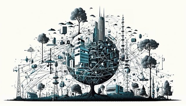 Illustration of a city on a tree-shaped globe linked by wires to antennas and devices