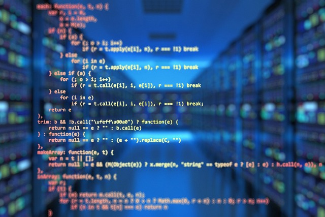 Lines of JavaScript code overlaid on a blurred data centre server aisle