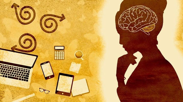 Illustration of a woman's silhouette with a visible brain beside a laptop, phone and tablet