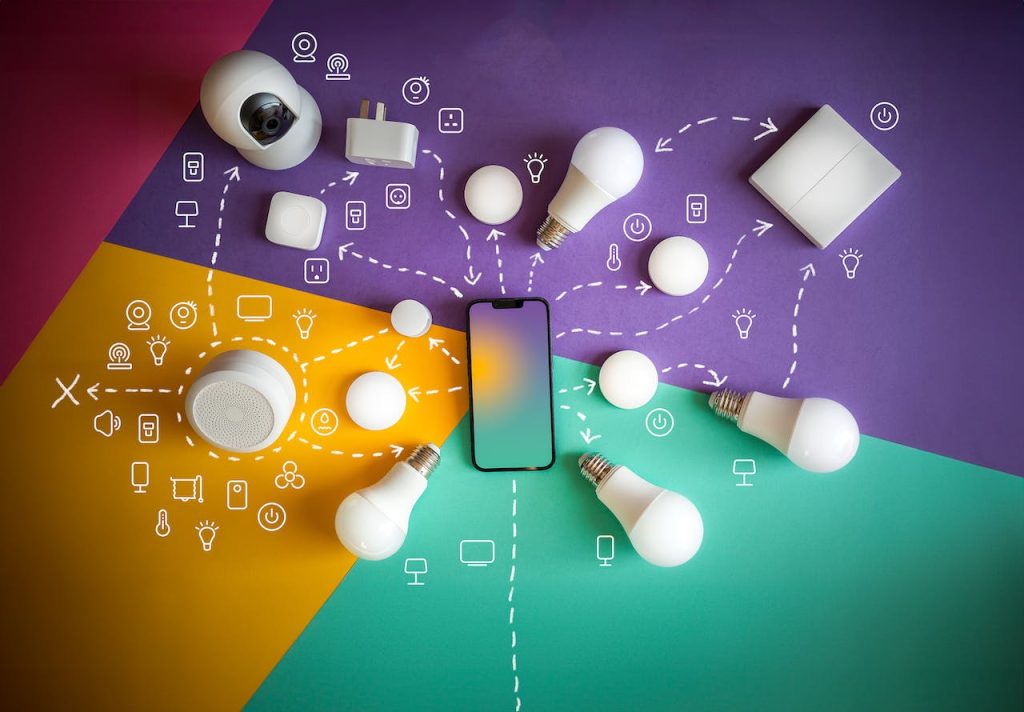 Smart bulbs, a camera, plugs and switches arranged around a smartphone, linked by drawn arrows