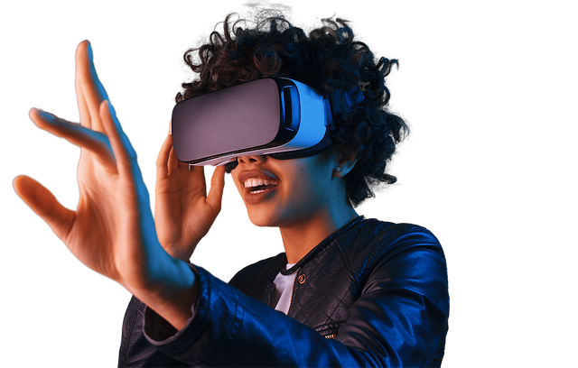 Woman wearing a VR headset reaching out with one hand