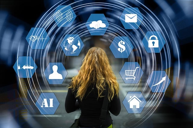 Woman facing a ring of digital icons for AI, security, shopping, home and payments