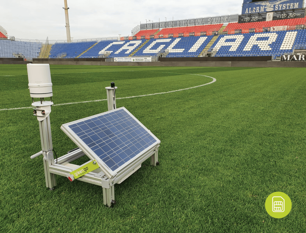 Solar-powered Green-Go sensor station on the pitch of the Cagliari football stadium