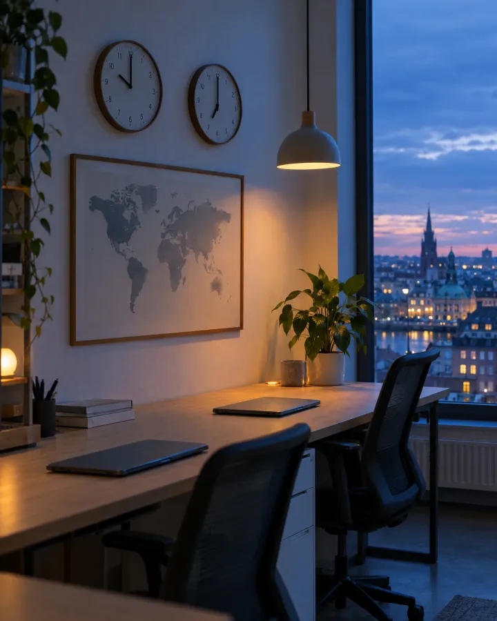 A small software studio at dusk with two wall clocks showing different times above a world map