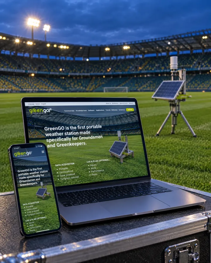 Green-Go System website on a phone and laptop on an equipment case beside a floodlit football pitch with a weather station