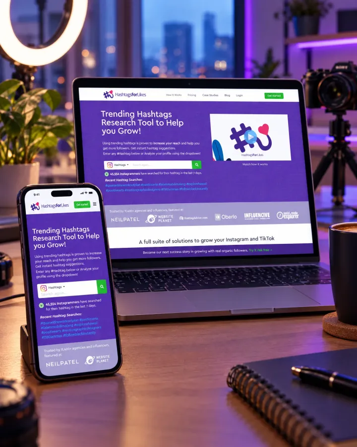 Hashtags for Likes analytics site on a phone and laptop on a creator's desk with a ring light and camera