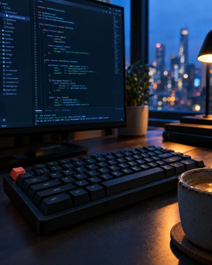 Keyboard with a red key in front of a monitor showing PHP code and a terminal