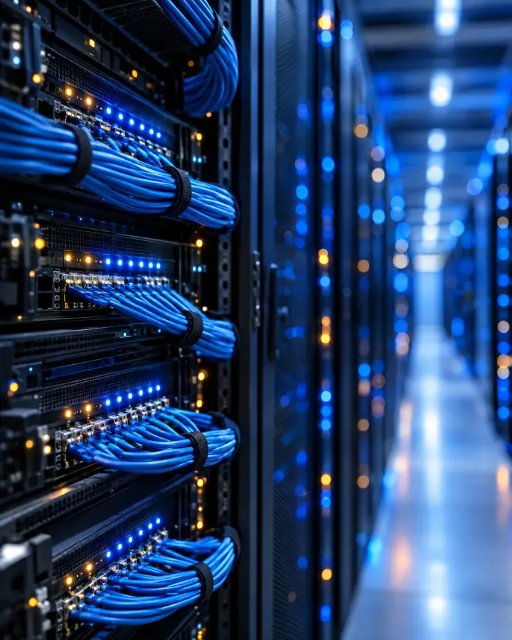 Server rack with bundled network cables and status lights in a data centre aisle