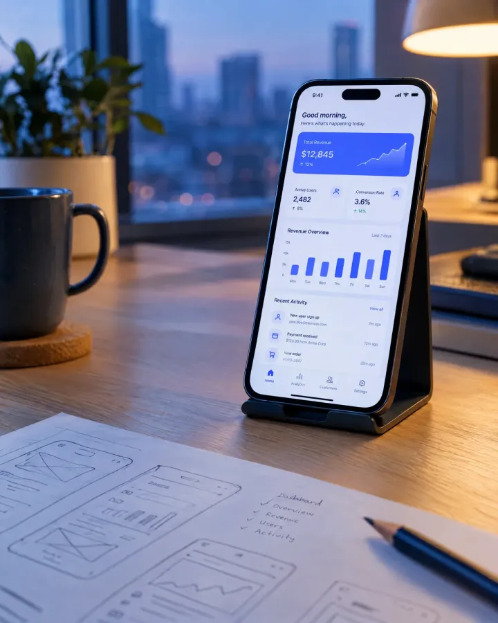 Smartphone on a stand showing an app dashboard, with paper wireframes in front