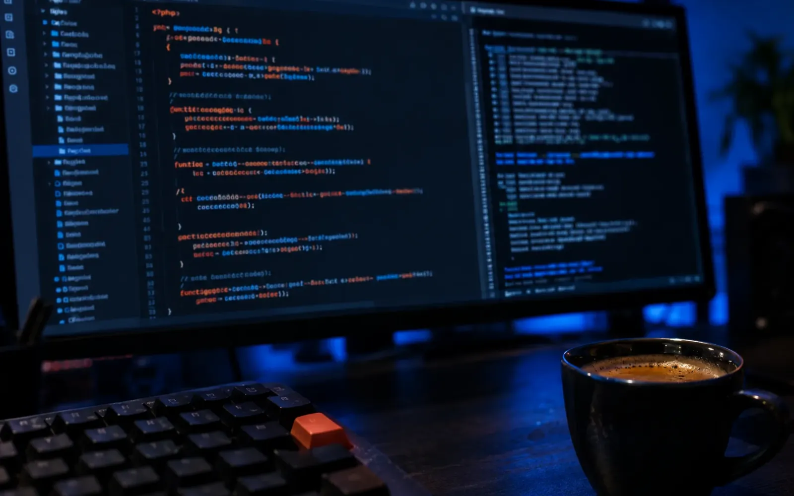 PHP code in a dark code editor on a monitor, a keyboard with an orange key and an espresso in front