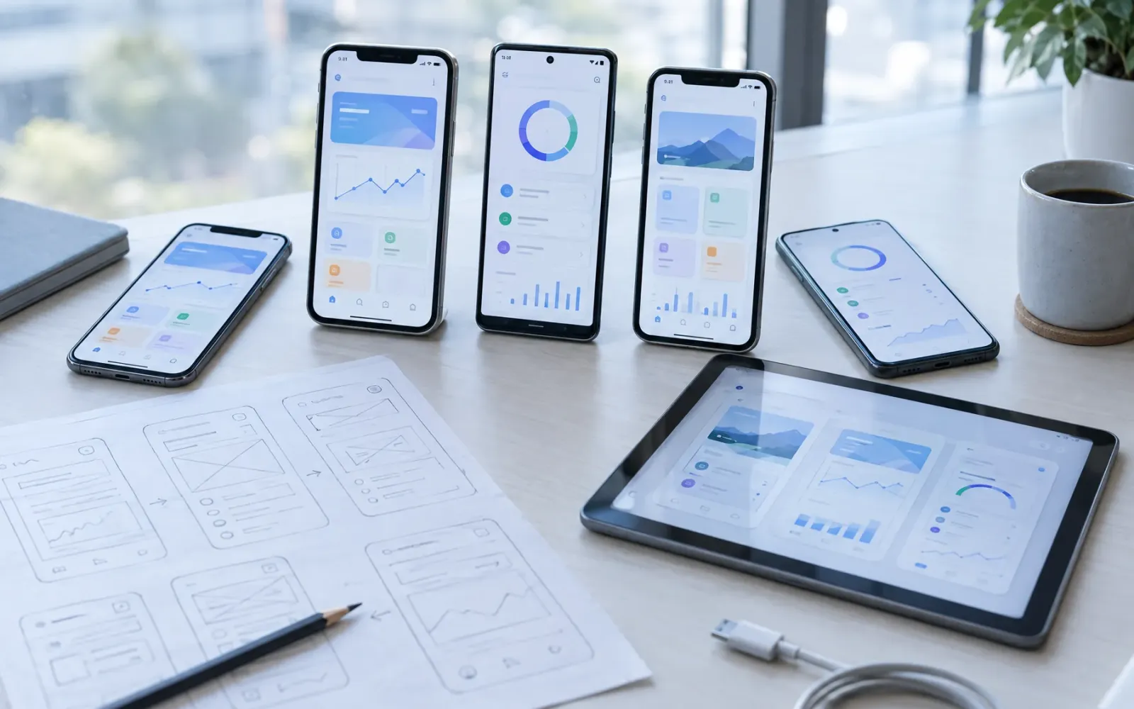 Smartphones and a tablet showing app screens beside paper wireframes on a light desk