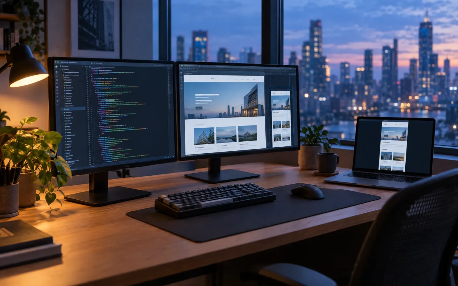 A web developer's desk at dusk: code on one monitor, a website layout on another, a city skyline behind